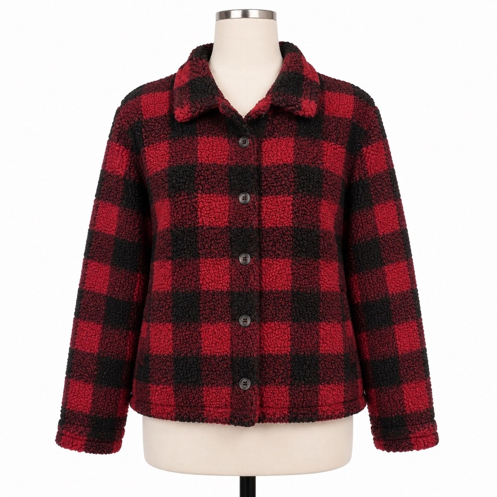 Woolrich Sherpa Fleece Jacket Womens S Red Black Buffalo Plaid Button Up Coat